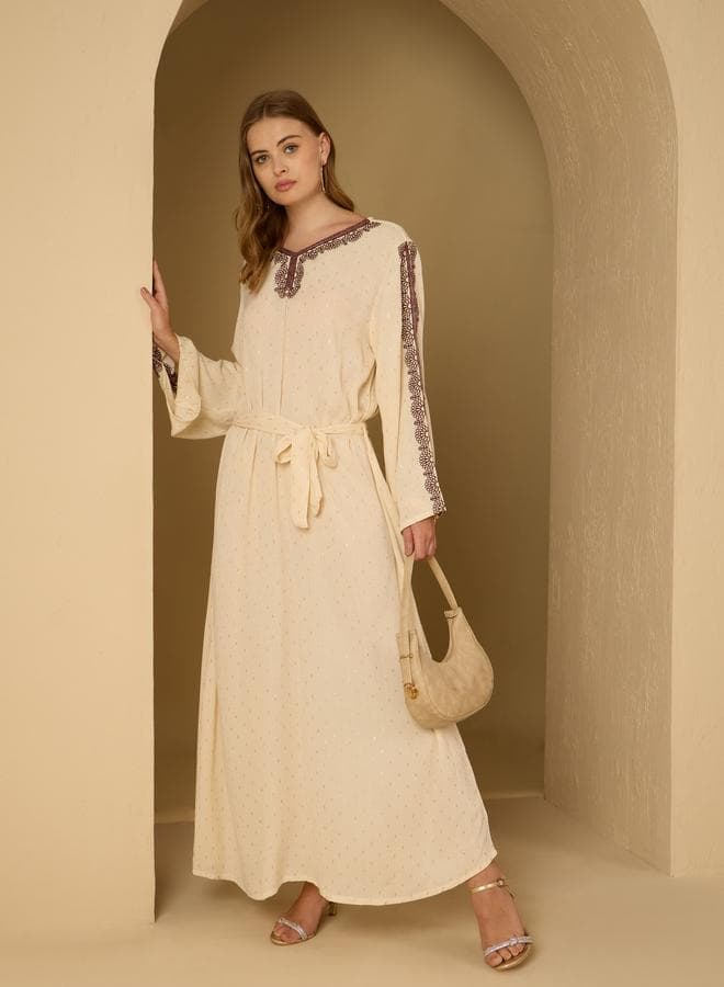 Crinkled Embroidered Jacquard Jalabiya with Fabric Belt - Image 1