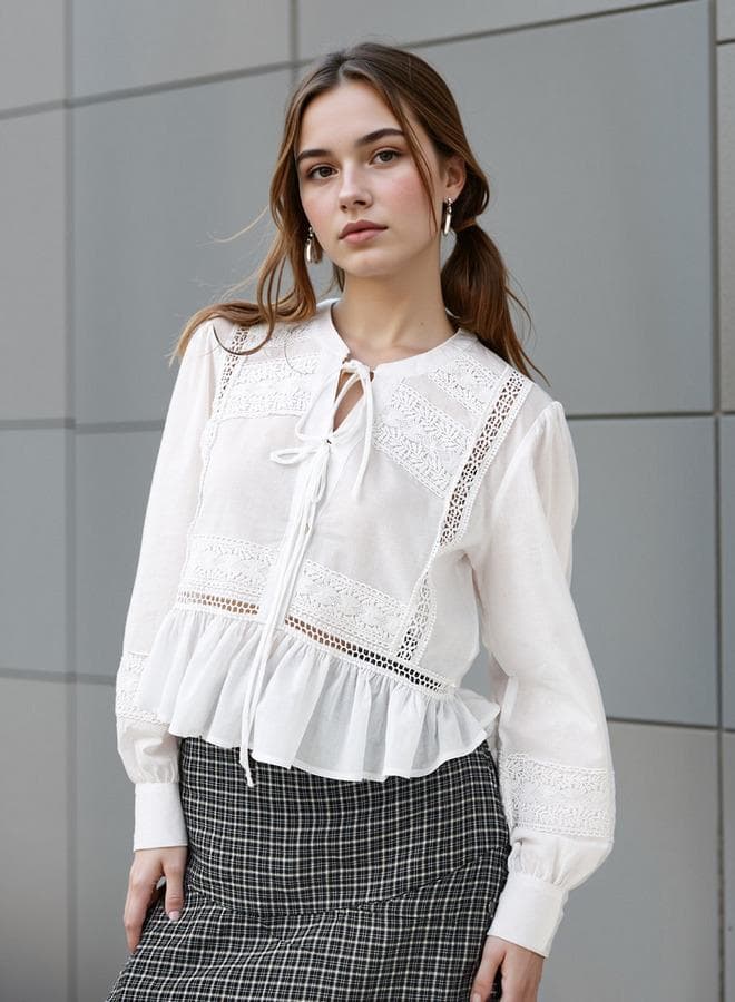 Lee Cooper Lace Detail Cotton Peplum Top with Tie-Ups - Image 1