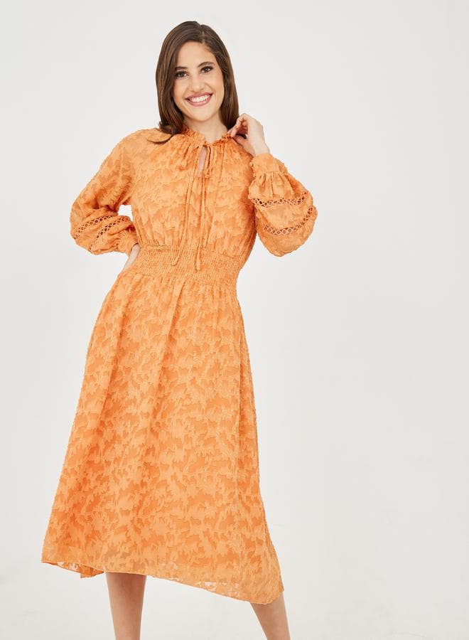 Styli Burnout Texture Smocked Waist Apricot Midi Dress - Image 1