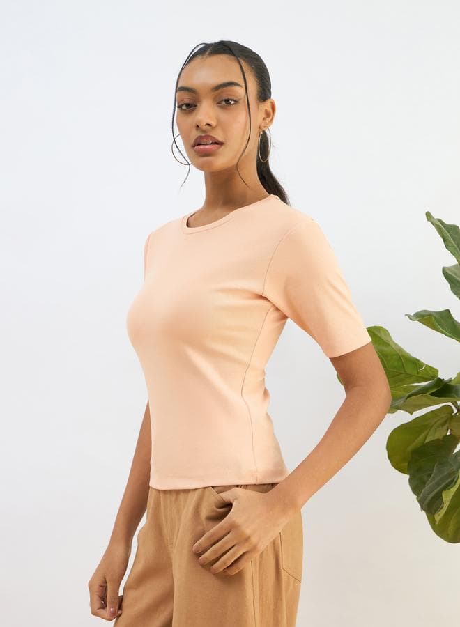 SASSAFRAS Peach Ribbed Short Sleeve Top - Image 1