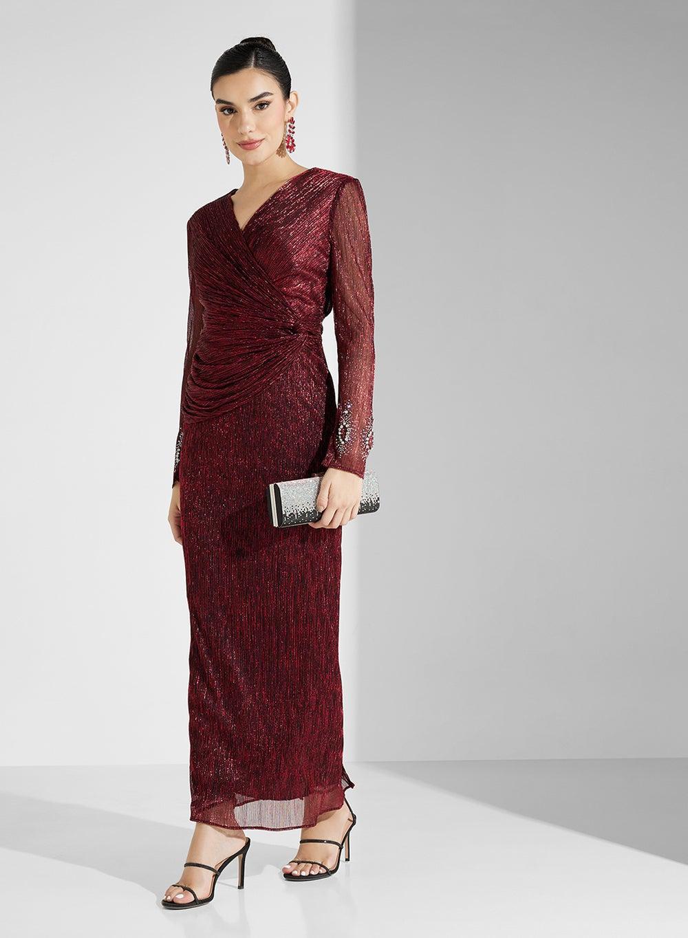 Glittering Burgundy Evening Gown with Wrap Bodice - Image 1
