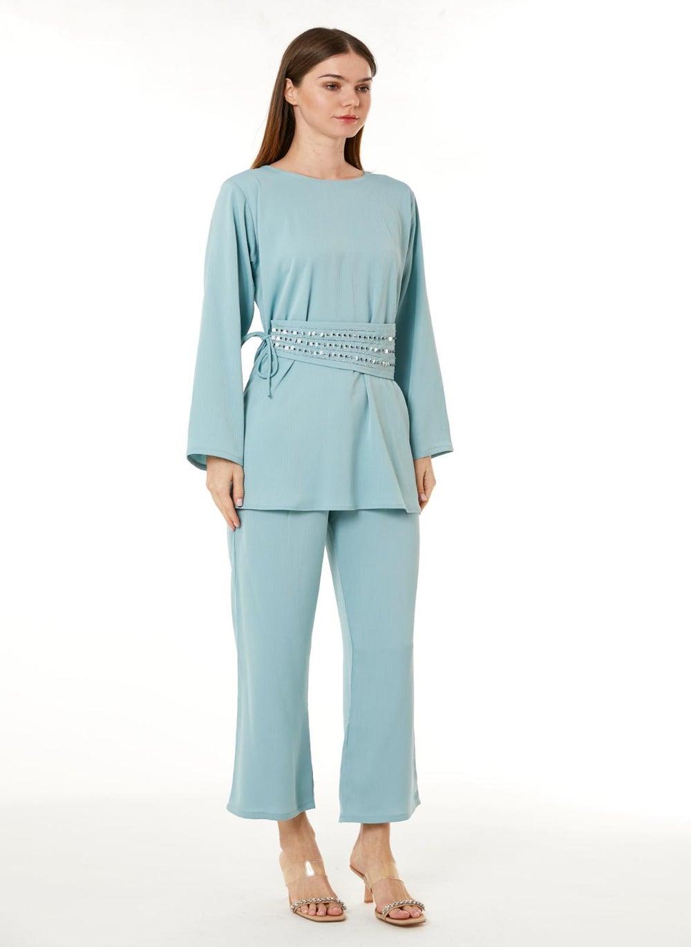 Light Blue Zoom Hand-Embellished Top and Pants Set - Image 1