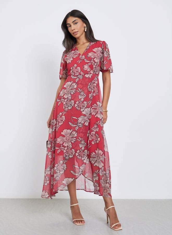 Red Floral Wrap Maxi Dress for Daytime Elegance - Image 1