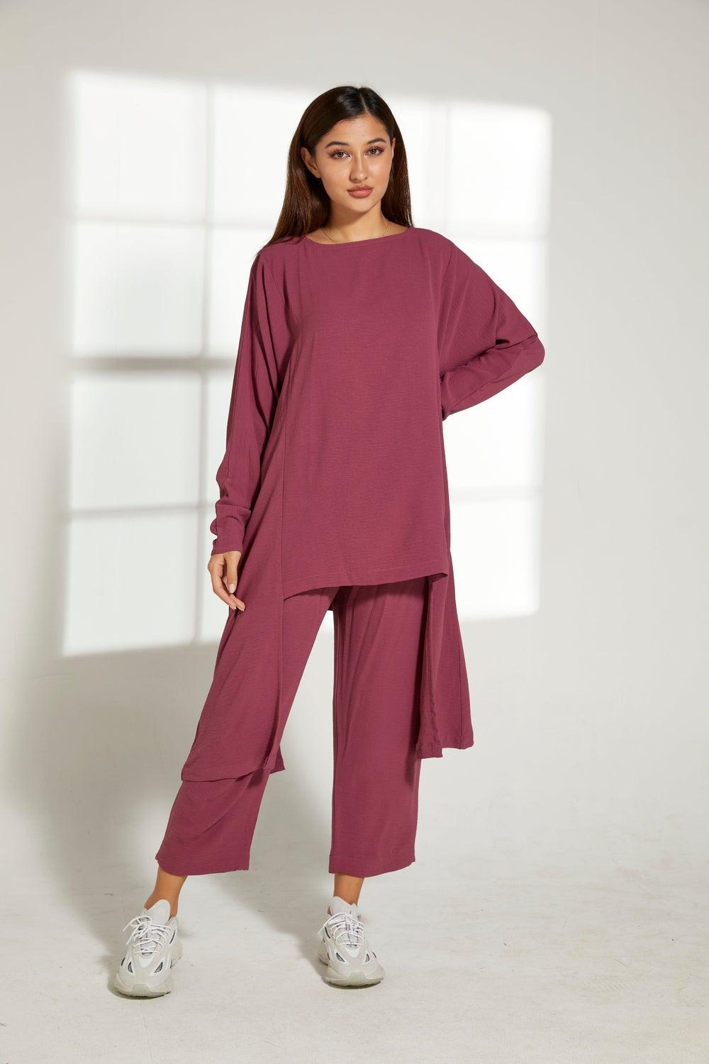 Asymmetric Boat Neck Top and Pants Set - Image 1