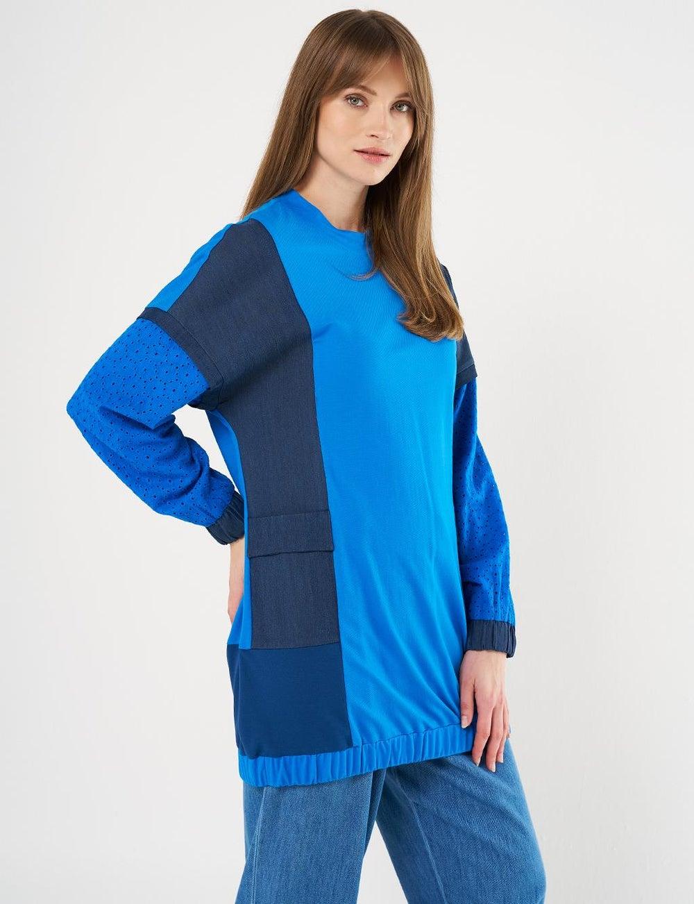 Cobalt Blue Embroidered Patch Pocket Sweatshirt - Image 1