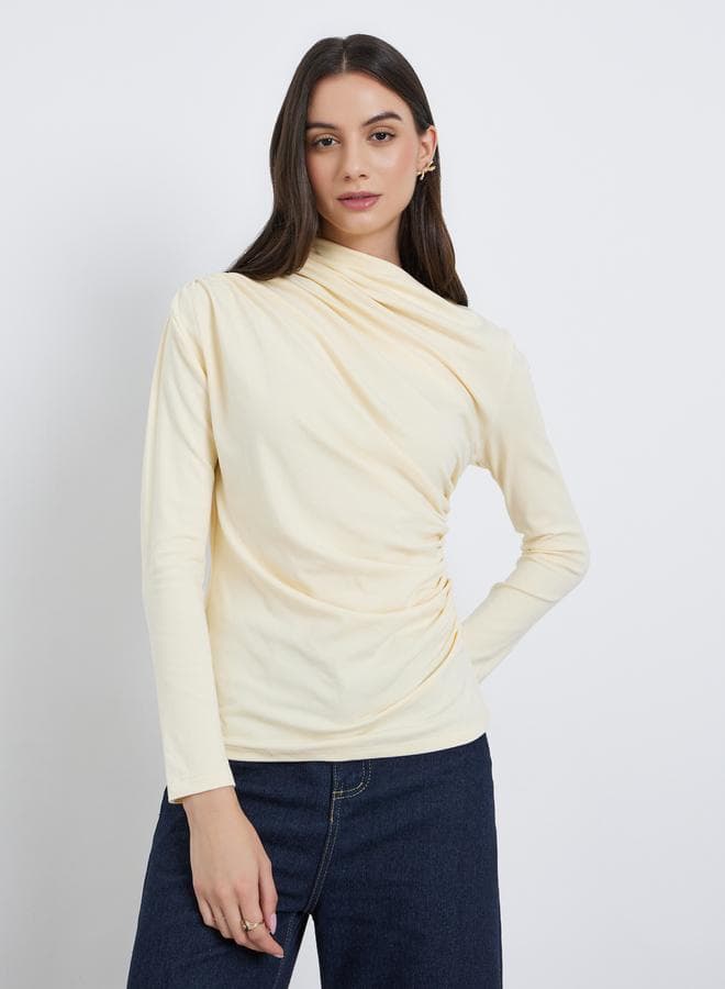 Women Solid Ruched Detail Asymmetric Neck Top - Image 1