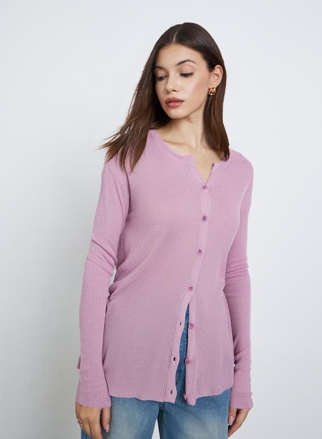 Styli Lilac Button-Down Ribbed Long Sleeve Top - Image 1