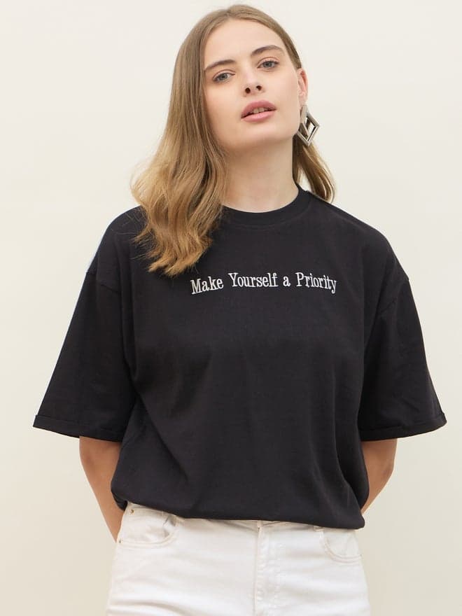 Embroidered Slogan Oversized T-Shirt with Roll-Up Sleeves - Image 1