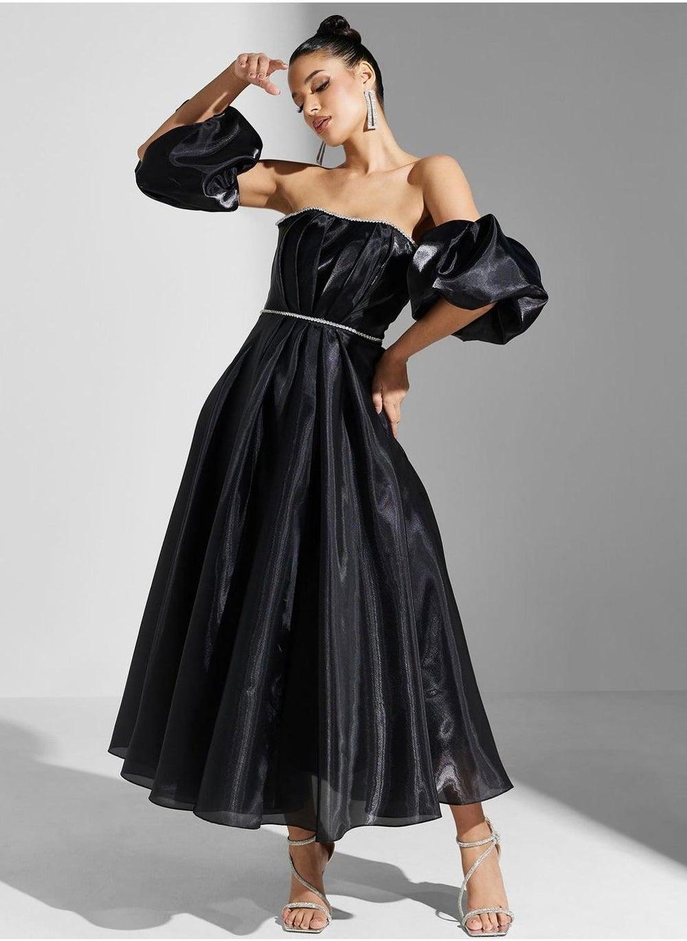 Black Organza Sleeve Dress with Puff Sleeves - Image 1