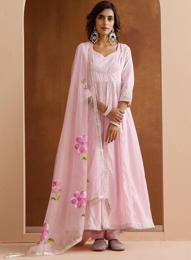 Pink Cotton Embroidered Straight Fit Kurta Palazzo Set - Image 1