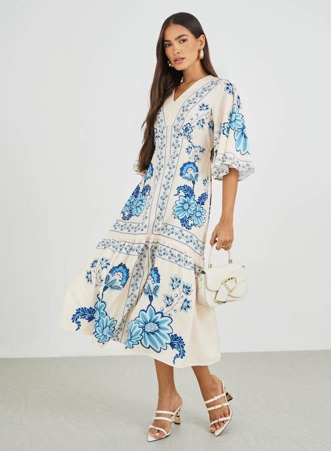 Cream Floral Midi Dress with Flutter Sleeves - Image 1