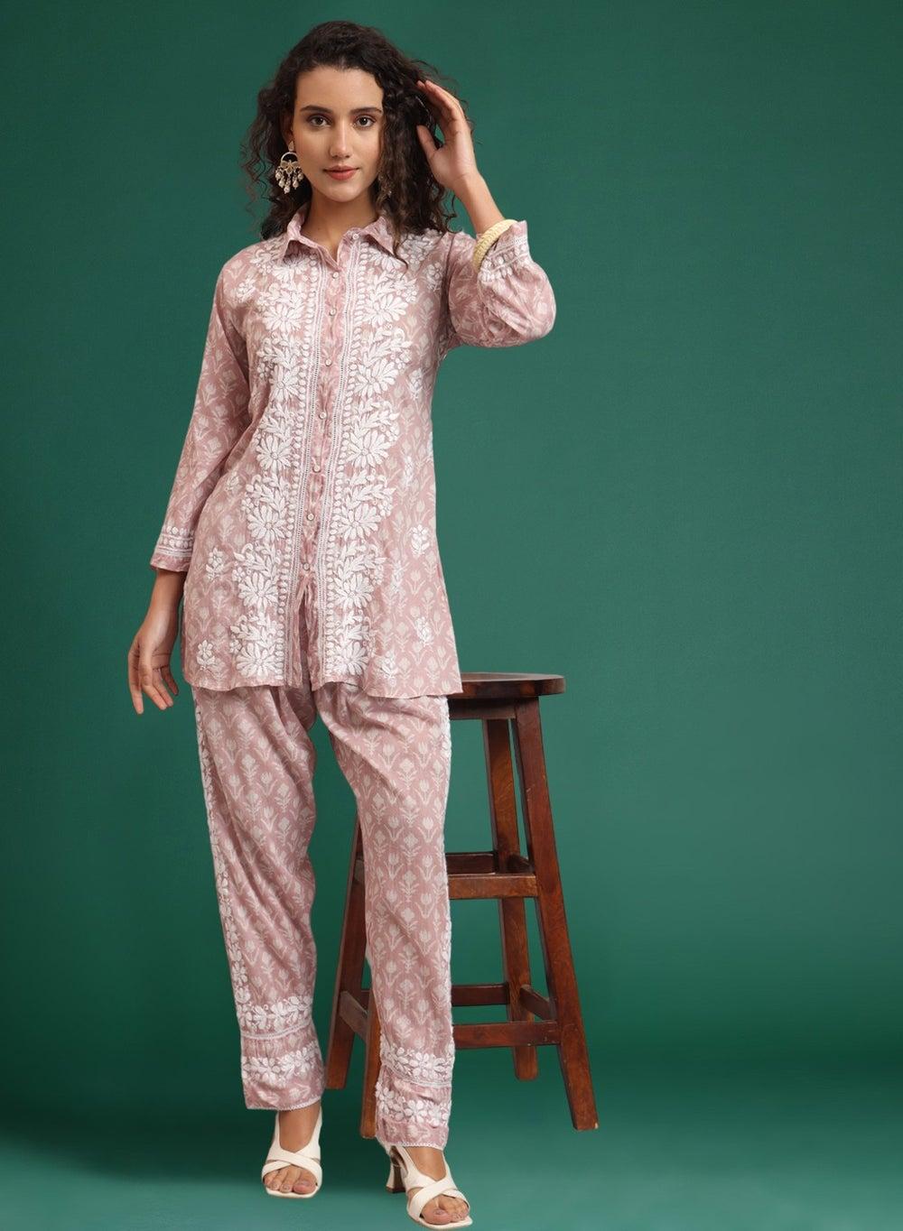 Hand Embroidered Chikankari Mulmul Cotton Co-Ord Set AL4054 - Image 1