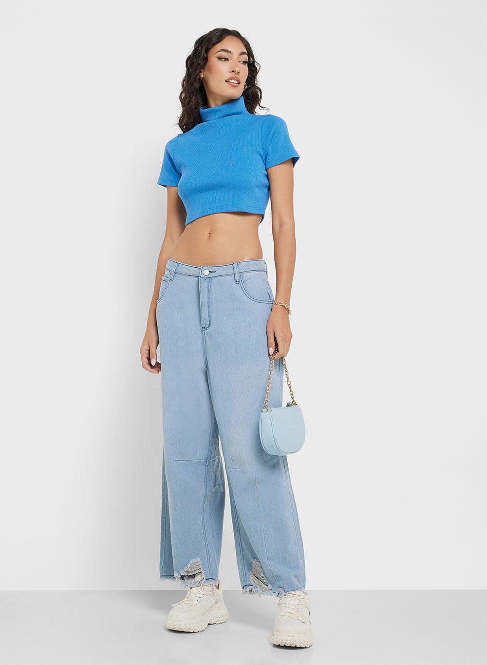 Mid Rise Wide Leg Jeans with Frayed Hem - Image 1