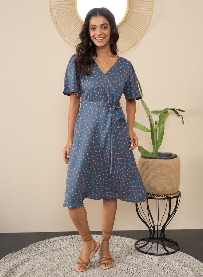 Blue Polka Dot Wrap Knee Length Dress - Image 1