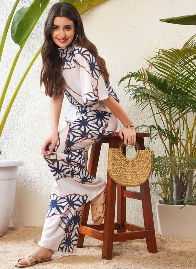 White Abstract Printed Top and Palazzo Set for Women - Image 1