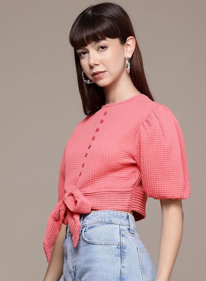 Freehand Women Pink Textured Short Sleeve Crop Top - Image 1