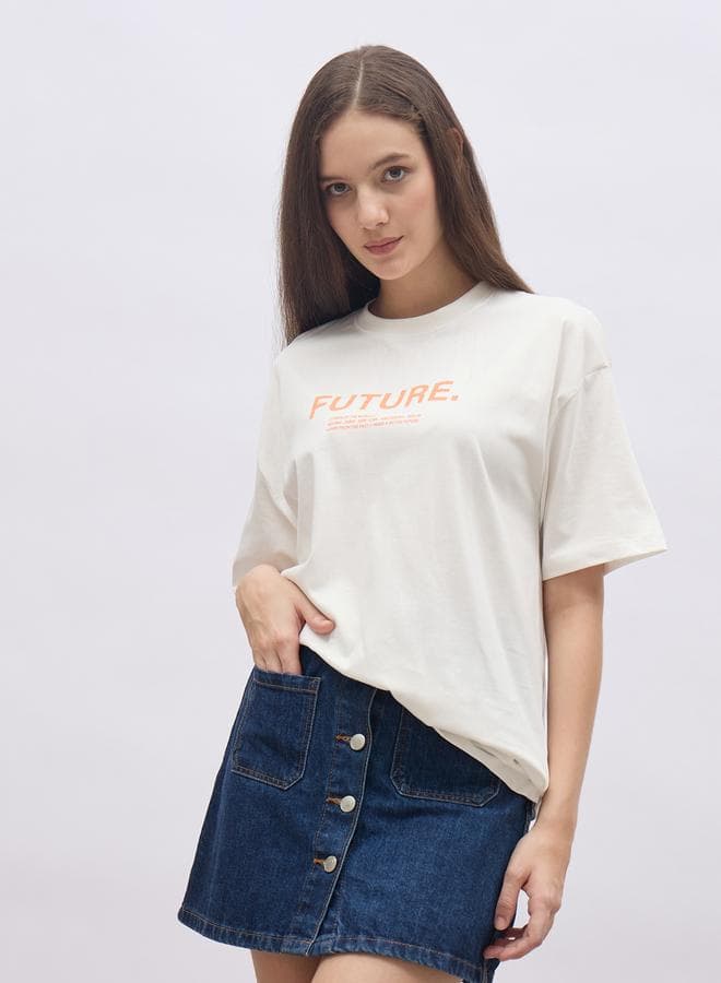 Women Cream Slogan Print Oversized Short Sleeve T-Shirt - Image 1