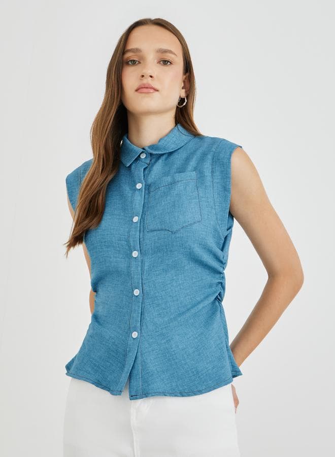 Solid Spread Collar Buttoned Sleeveless Shirt - Image 1