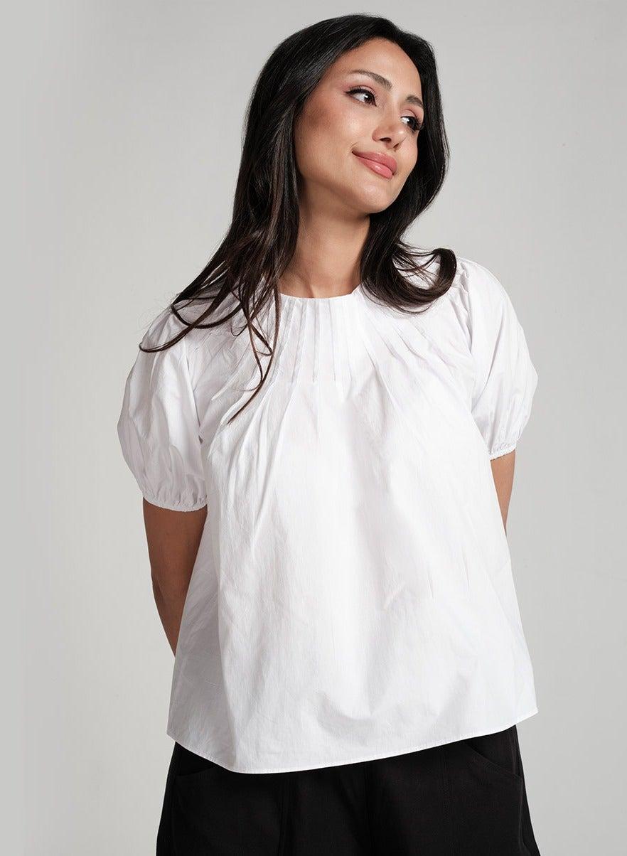 White Raglan Pintucked Puff Sleeve Top - Image 1