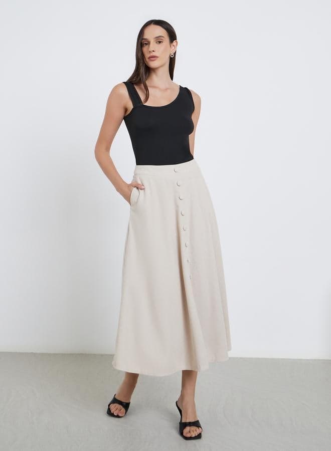 Buttoned Down A-Line Midi Skirt With Pockets - Image 1