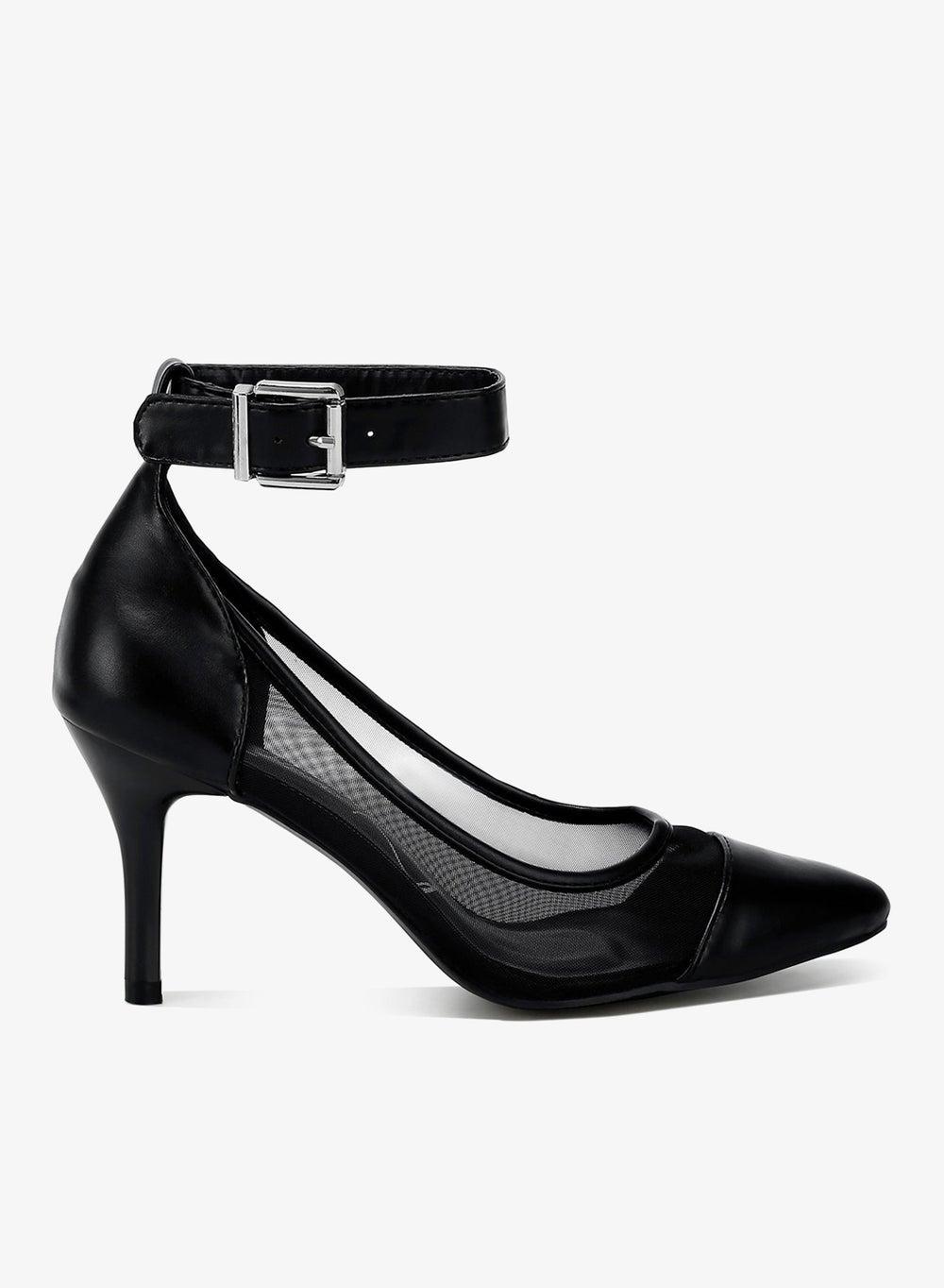 Black Pointed Toe Ankle Strap Mesh Pumps - Image 1