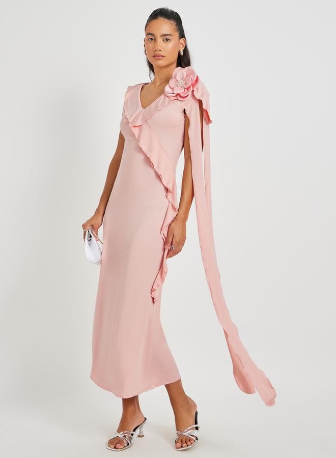 Pastel Pink Floral Accent Midi Dress - Image 1