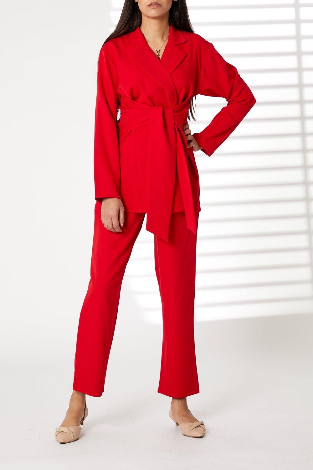 Tie Detailed Blazer and Pants Set - Image 1