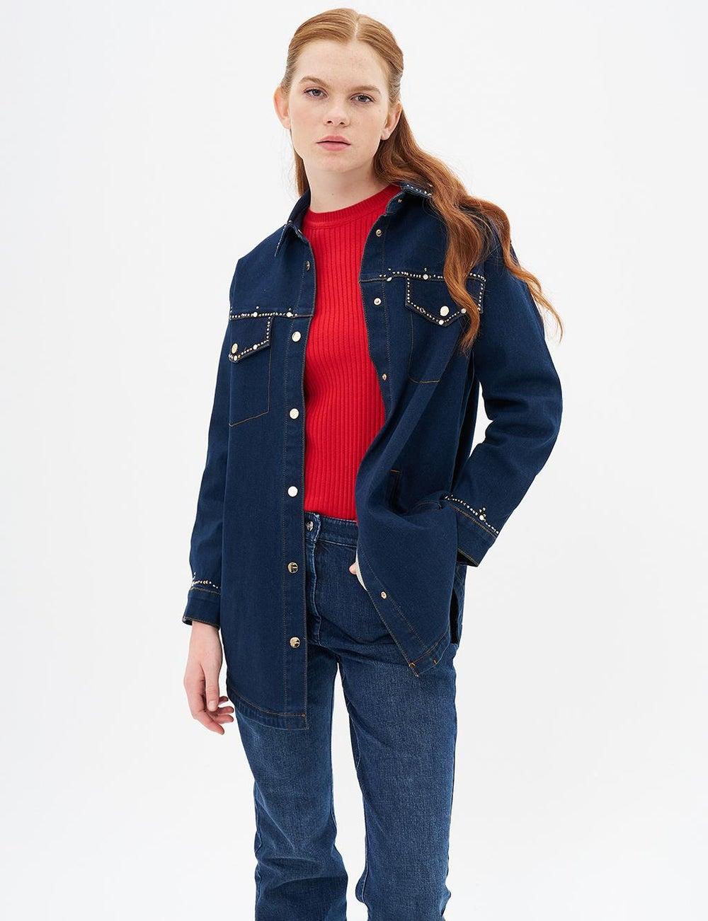 Navy Embroidered Denim Jacket with Shirt Collar - Image 1