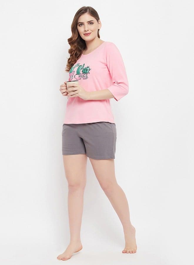 Clovia Cactus Print Cotton Top and Grey Shorts Set - Image 1