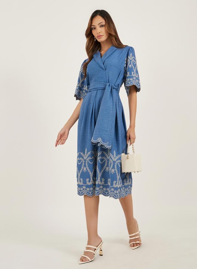 Embroidered Denim Midi Dress with Wrap Silhouette - Image 1