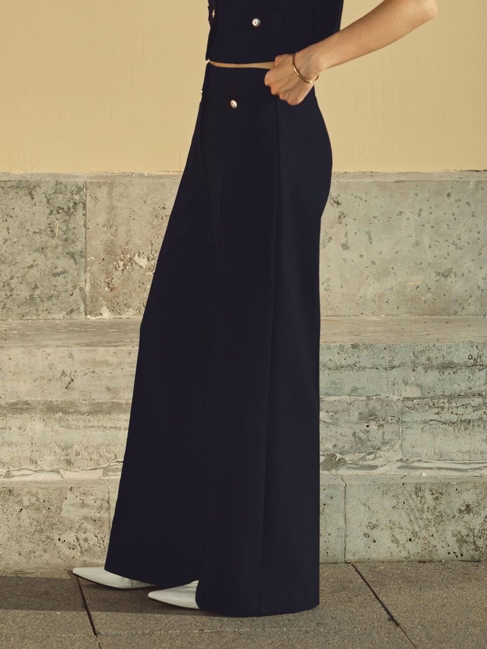 Mid-Rise Trousers with Front Creases and Oversized Buttons - Image 1