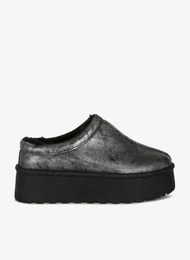 Black Metallic Faux Leather Platform Slip-On Mules - Image 1