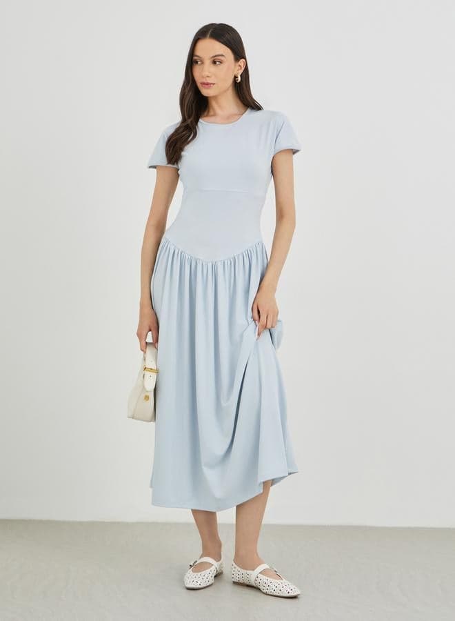 Solid Round Neck A-Line Midi Dress - Image 1