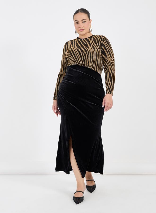 Velvet Slit Midi Dress with Tiger Stripe Bodice - Image 1