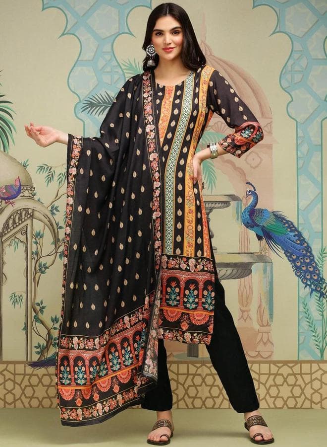 Black Ikat Print Cotton Kurta Trousers and Dupatta Set - Image 1