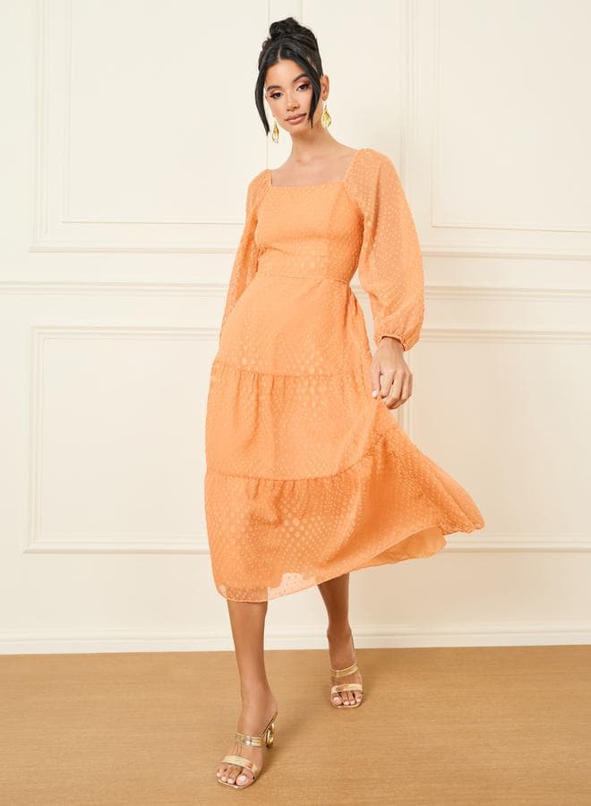 Peach Chiffon Midi Dress with Tiered Skirt - Image 1