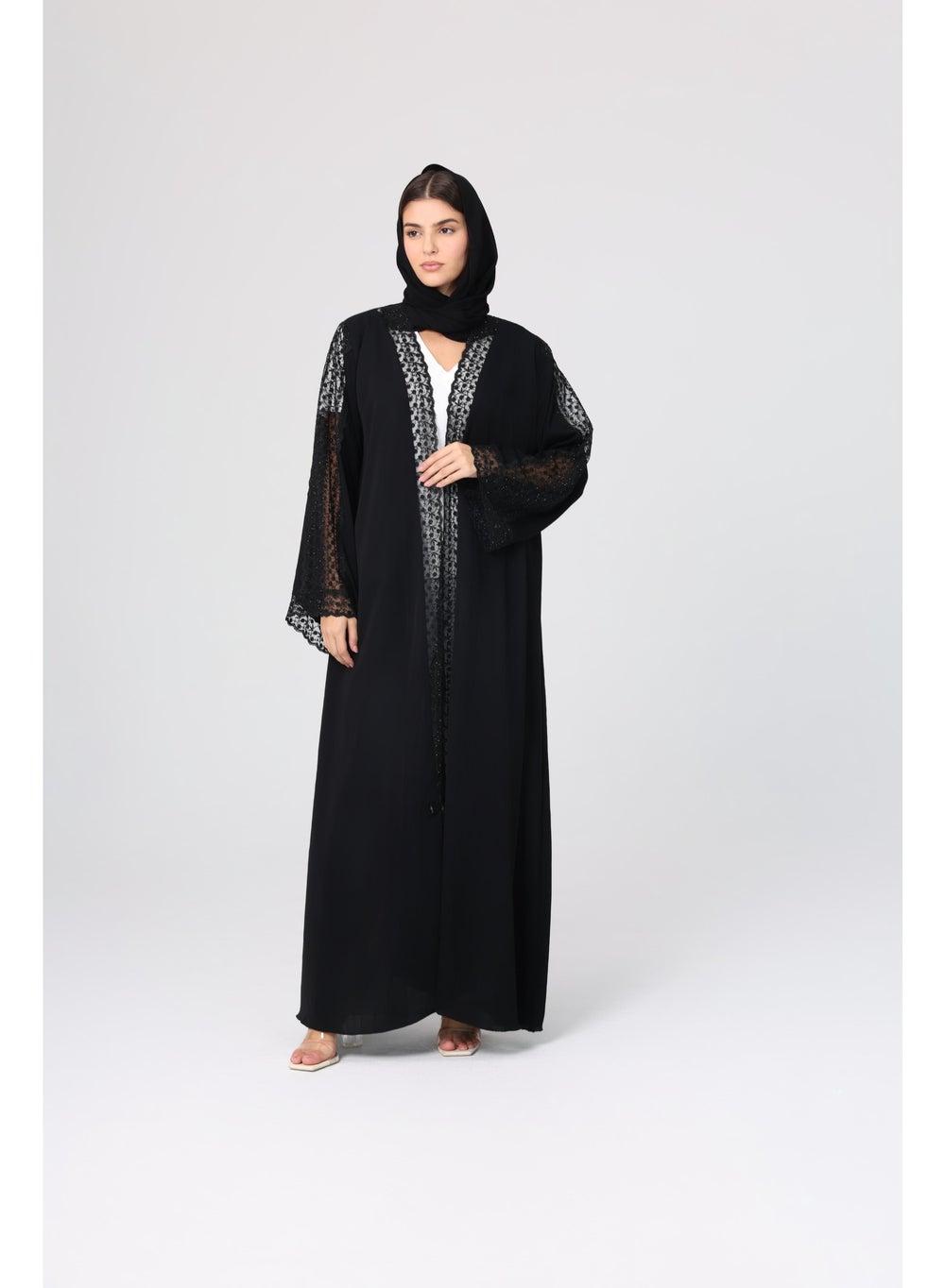 Transparent Sleeves Lace Crystal Abaya ABY1134 - Image 1