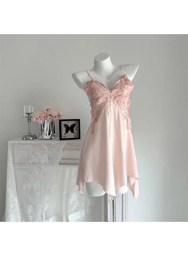Butterfly-Inspired Halter Neck Satin Lace Dress - Image 1