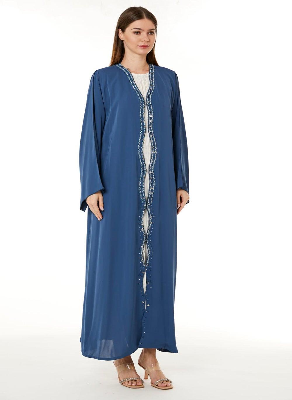 Dark Blue Korean Nida Hand Embellished Abaya - Image 1