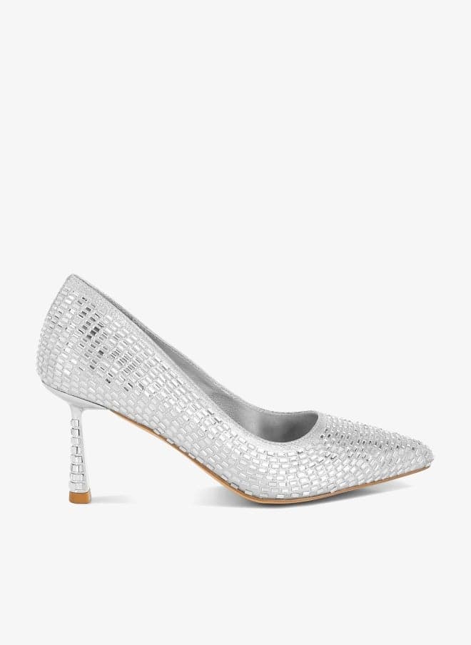 Silver Rhinestone Pointed-Toe Pumps with Cushioned Insoles - Image 1