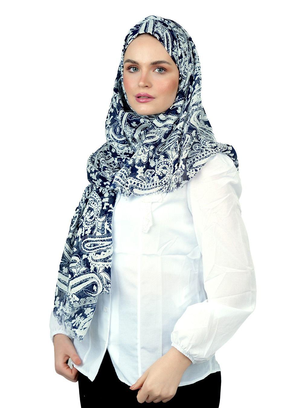 Paisley Printed Blue Hijab in Soft Natural Fiber - Image 1
