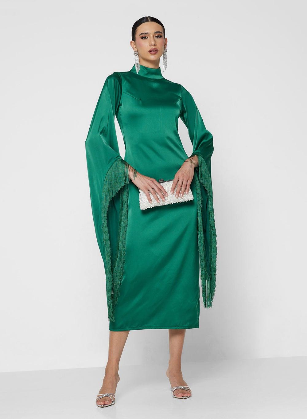 Green Long-Sleeve Robe Dress with High Neckline - Image 1