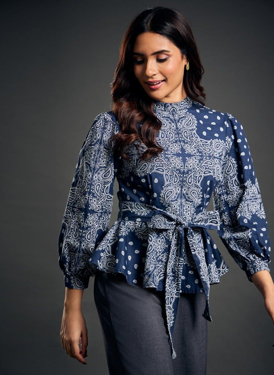 Blue and White Printed Peplum Top - Image 1