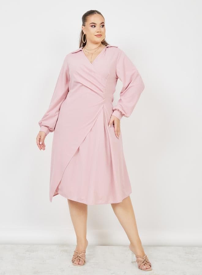 Light Pink Blouson Sleeve Midi Wrap Dress - Image 1