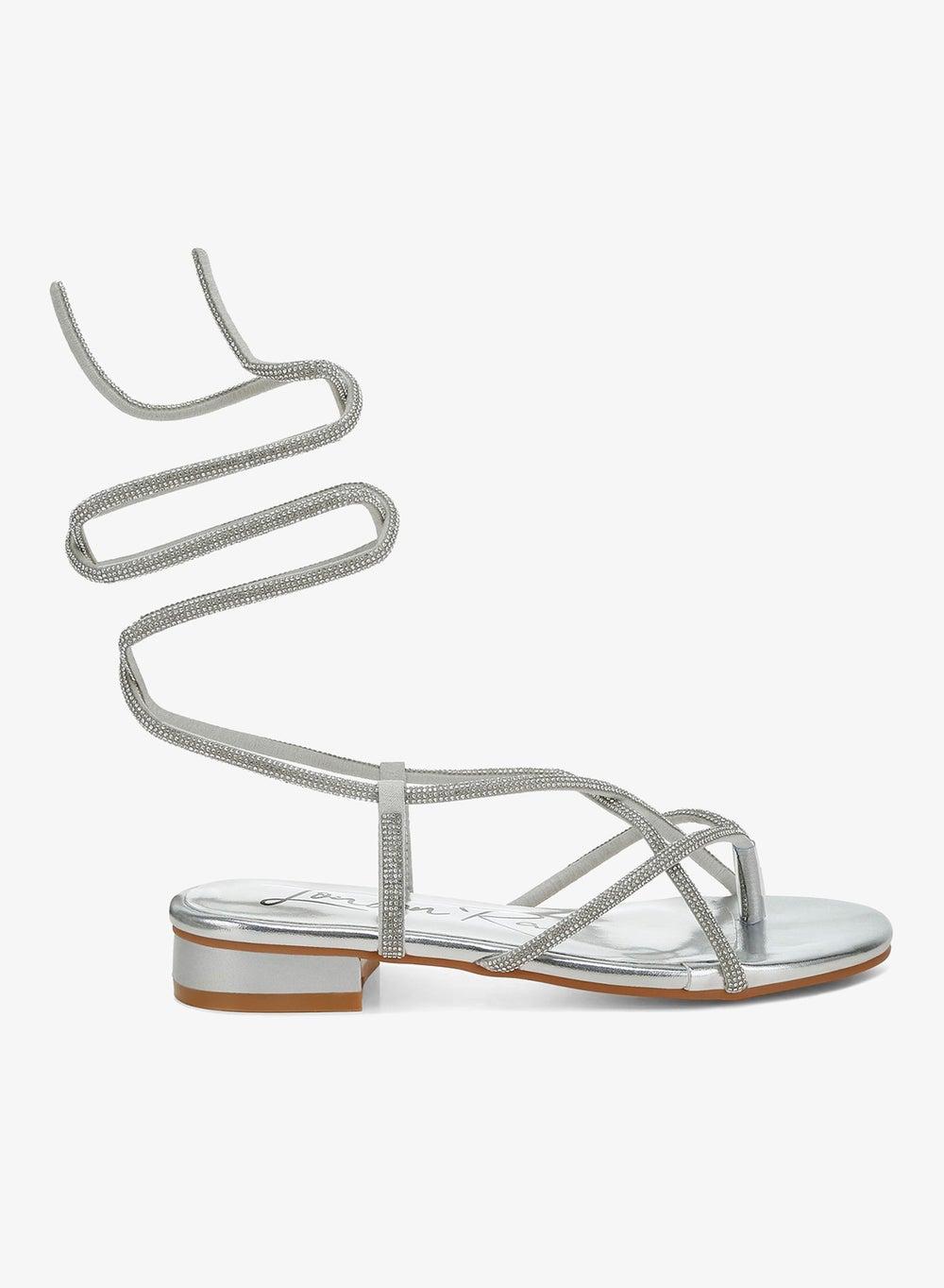 Silver Rhinestone Lace-Up Flat Sandals - Image 1