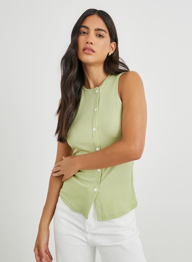 Ribbed Knit Sleeveless Buttoned Top - Image 1