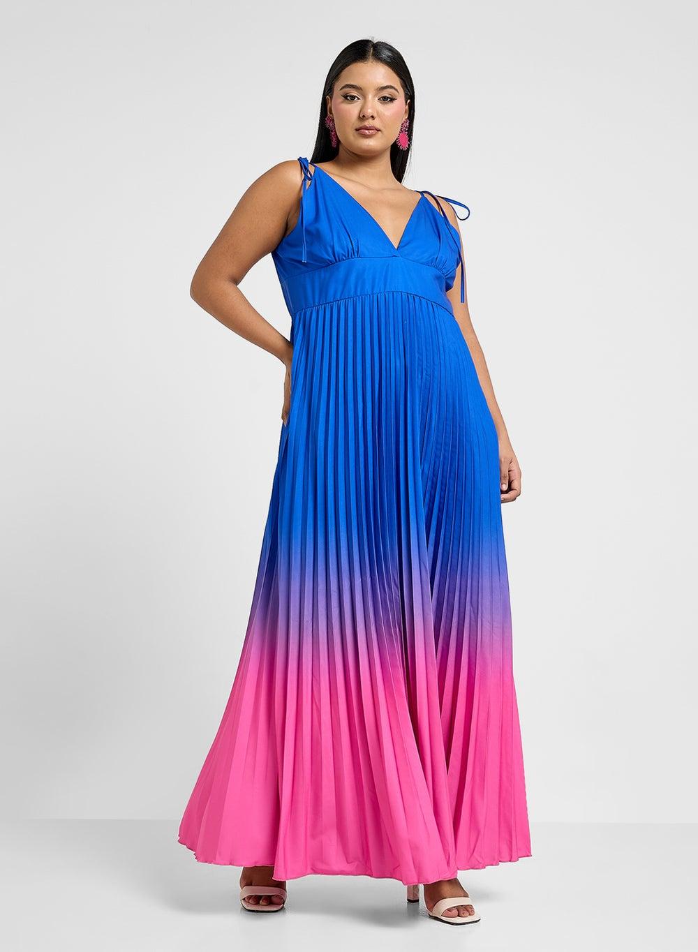 Ombre Pleated Maxi Dress with Plunging Neckline - Image 1