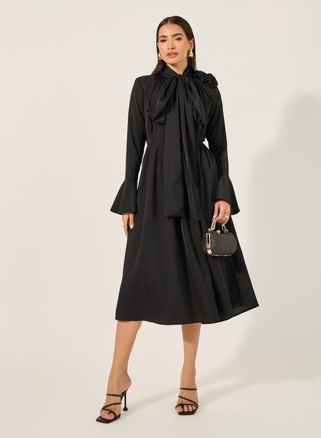 Black Bell Sleeve Tie-Up Neck Midi Dress - Image 1