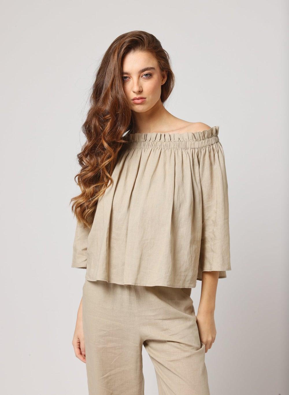 Off-Shoulder Smocked Linen Relaxed Flowy Top - Image 1