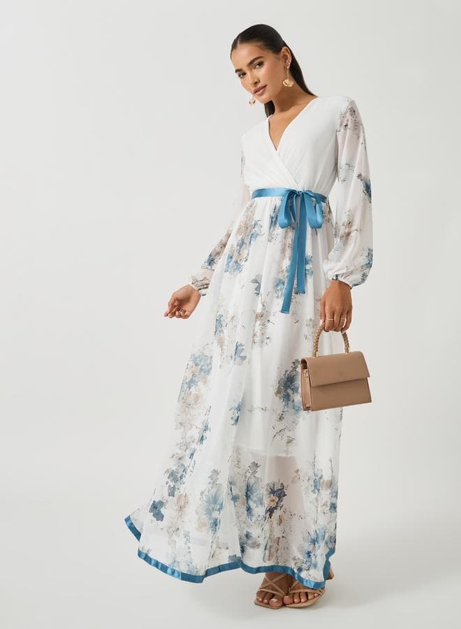 Floral Chiffon Maxi Dress with Blue Ribbon Belt - Image 1